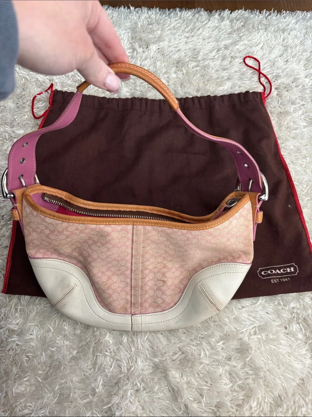 Coach Pink Signature Canvas Hobo with Cream Leather Trim and Tan Accents - Picture 4 of 5